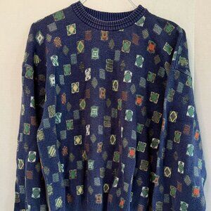 Vintage Blue Cotton Geometric Print Sweater